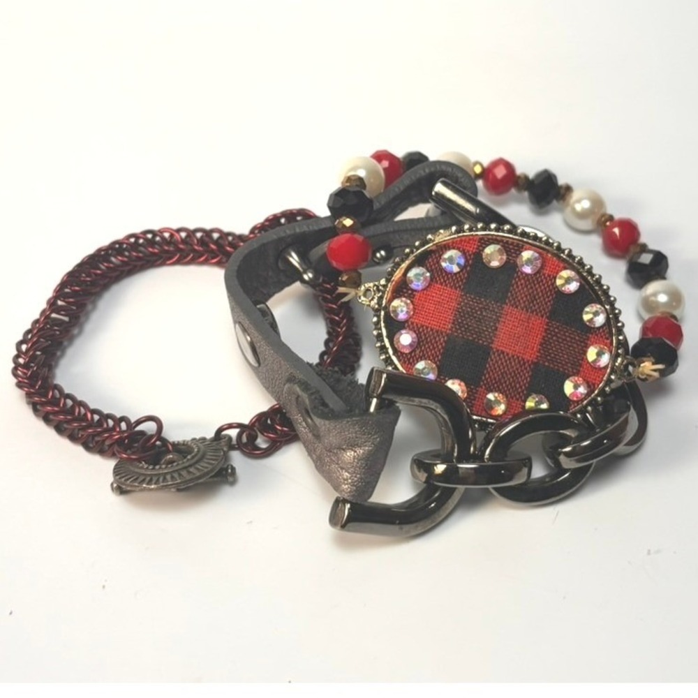 Bracelet Set Y2K Goth Punk Grunge Red Black Plaid Chainmail Leather‎ Strap 3pc